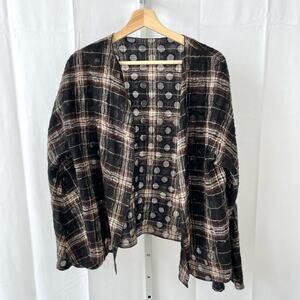 MARIA PINTO OS Designer Open Front Woven Cardigan Topper Jacket Plaid Dot Black